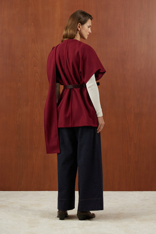 Bordo Deri Kemerli Kaşe Panço