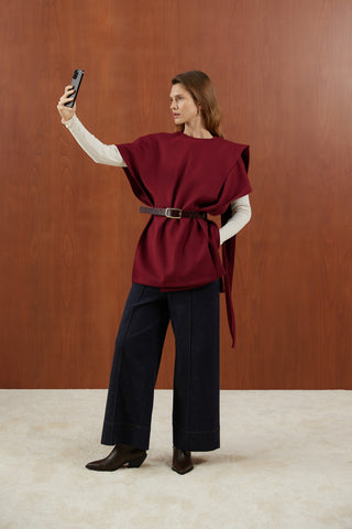 Bordo Deri Kemerli Kaşe Panço