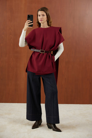 Bordo Deri Kemerli Kaşe Panço