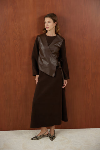 Kahverengi Deri Yelekli Yalancı İkili Triko Elbise