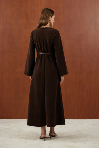 Kahverengi Deri Yelekli Yalancı İkili Triko Elbise