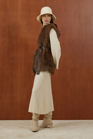 Kahverengi Balık Sırtı Desenli Deri Kemer Detaylı Kürk