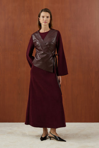 Bordo Deri Yelekli Yalancı İkili Triko Elbise