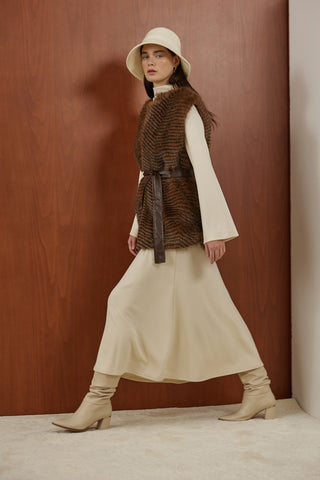 Kahverengi Balık Sırtı Desenli Deri Kemer Detaylı Kürk