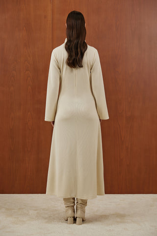 Taş Rengi Önden Bağlamalı Fitilli Triko Elbise