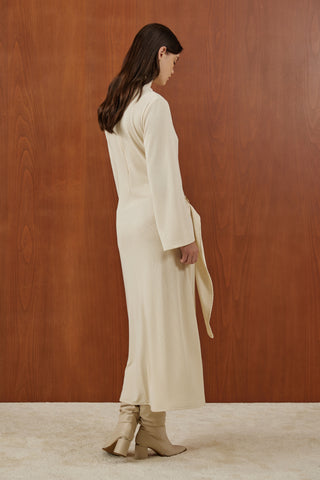 Taş Rengi Önden Bağlamalı Fitilli Triko Elbise