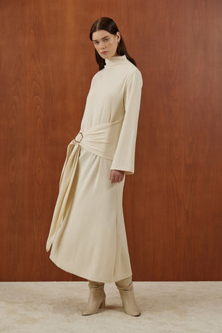 Taş Rengi Önden Bağlamalı Fitilli Triko Elbise