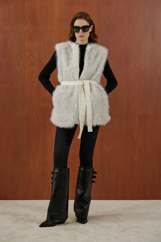 Beyaz Gri Balık Sırtı Desenli Deri Kemer Detaylı Kürk