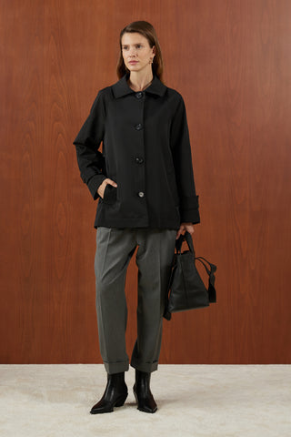 Siyah Konsatras Astarlı Kısa Trenç Mont