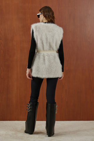 Beyaz Gri Balık Sırtı Desenli Deri Kemer Detaylı Kürk