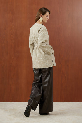 Bej Desenli Kaşe Uzun Mont