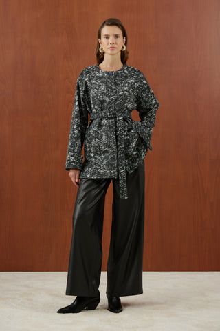 Siyah Desenli Kaşe Uzun Mont