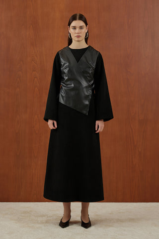 Siyah Deri Yelekli Yalancı İkili Triko Elbise