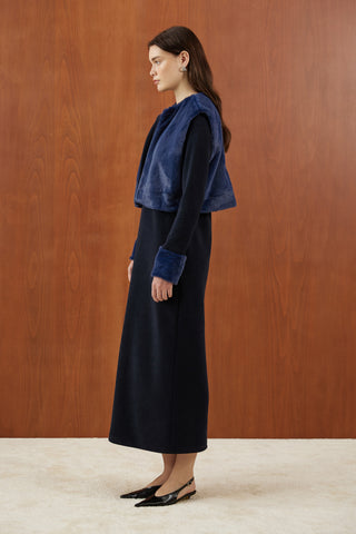 Lacivert Peluş Kürk Yelekli Triko Elbise