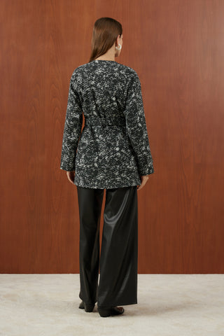 Siyah Desenli Kaşe Uzun Mont