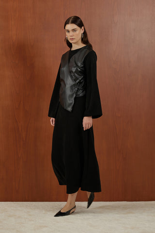 Siyah Deri Yelekli Yalancı İkili Triko Elbise