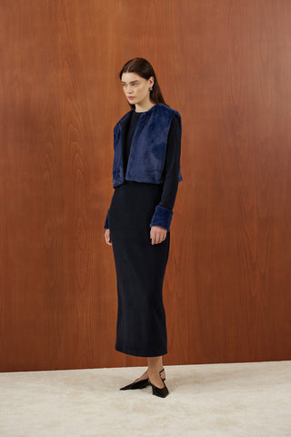 Lacivert Peluş Kürk Yelekli Triko Elbise