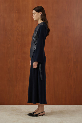 Lacivert Deri Yelekli Yalancı İkili Triko Elbise