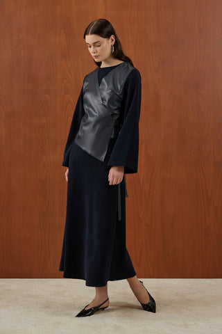 Lacivert Deri Yelekli Yalancı İkili Triko Elbise