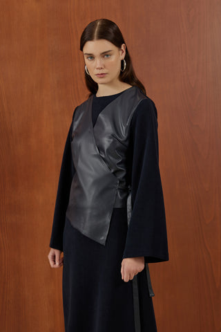 Lacivert Deri Yelekli Yalancı İkili Triko Elbise