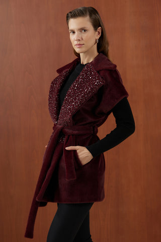 Bordo Nakış Detaylı Gold Fox Yelek