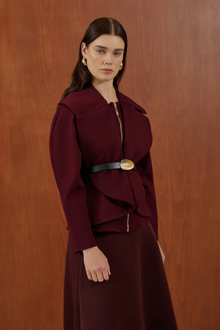 Bordo Fermuarlı Kemer Detaylı Santana Ceket