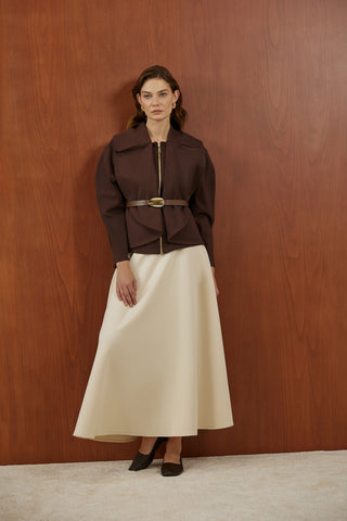 Kahverengi Fermuarlı Kemer Detaylı Santana Ceket