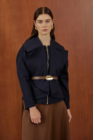 Lacivert Fermuarlı Kemer Detaylı Santana Ceket