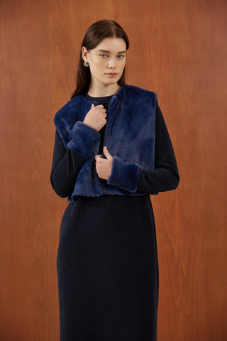 Lacivert Peluş Kürk Yelekli Triko Elbise