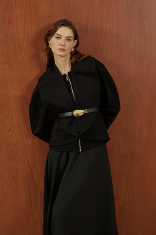 Siyah Fermuarlı Kemer Detaylı Santana Ceket