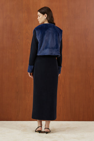 Lacivert Peluş Kürk Yelekli Triko Elbise