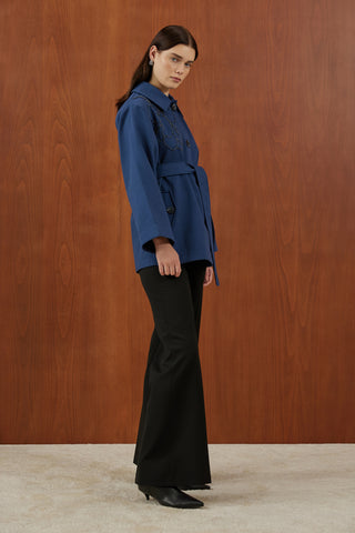 Lacivert Omzu Nakış Detaylı Kanvas Ceket