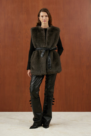 Gri Siyah Balık Sırtı Desenli Deri Kemer Detaylı Kürk