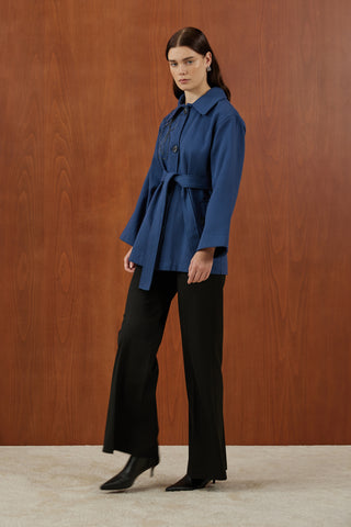 Lacivert Omzu Nakış Detaylı Kanvas Ceket