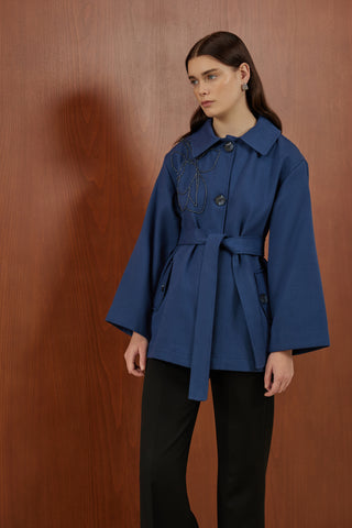 Lacivert Omzu Nakış Detaylı Kanvas Ceket