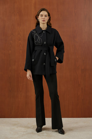 Siyah Omzu Nakış Detaylı Kanvas Ceket