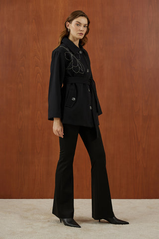 Siyah Omzu Nakış Detaylı Kanvas Ceket