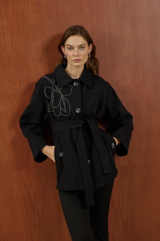 Siyah Omzu Nakış Detaylı Kanvas Ceket