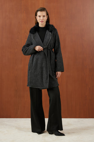 Antrasit Yakası Kürklü Biyeli İnce Kaşe Mont