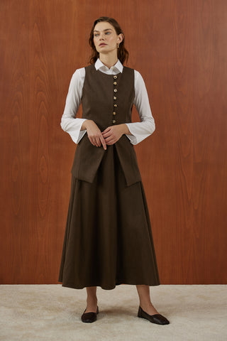 Kahverengi Birit Düğmeli Yumuşak Kanvas Takım