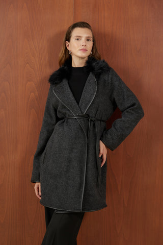 Antrasit Yakası Kürklü Biyeli İnce Kaşe Mont