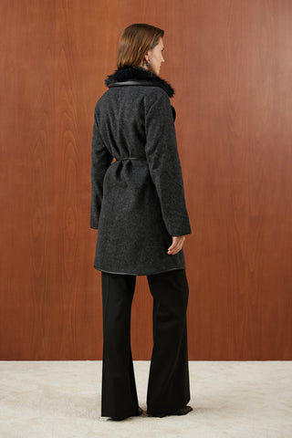 Antrasit Yakası Kürklü Biyeli İnce Kaşe Mont