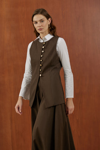 Kahverengi Birit Düğmeli Yumuşak Kanvas Takım