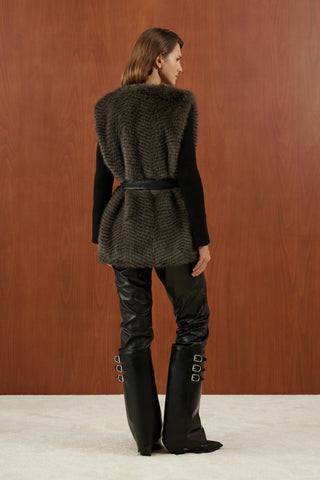 Gri Siyah Balık Sırtı Desenli Deri Kemer Detaylı Kürk