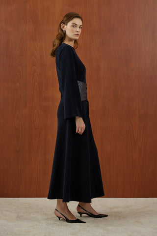 Lacivert Deri Korsajlı Triko Elbise