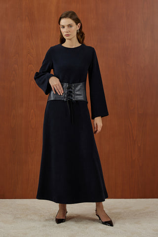 Lacivert Deri Korsajlı Triko Elbise