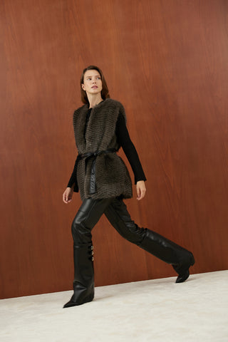 Gri Siyah Balık Sırtı Desenli Deri Kemer Detaylı Kürk