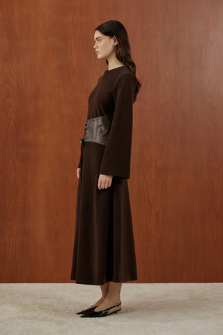 Kahverengi Deri Korsajlı Triko Elbise