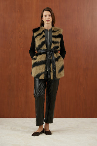 Kahve Siyah Zebra Desenli Fermuarlı Kürk Yelek