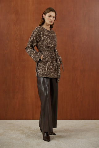 Kahverengi Desenli Kaşe Uzun Mont